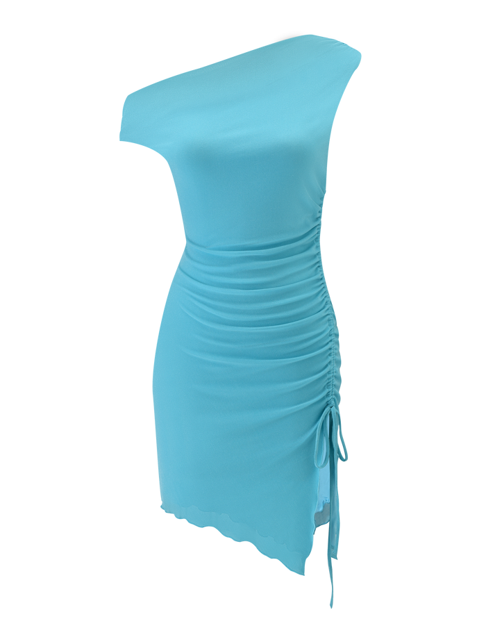 The ELWYN MINI DRESS - BLUE by TIGERMIST features a one-shoulder design, side ruching with a drawstring for a fitted look, smooth stretchy fabric, and an asymmetrical hemline for chic style.