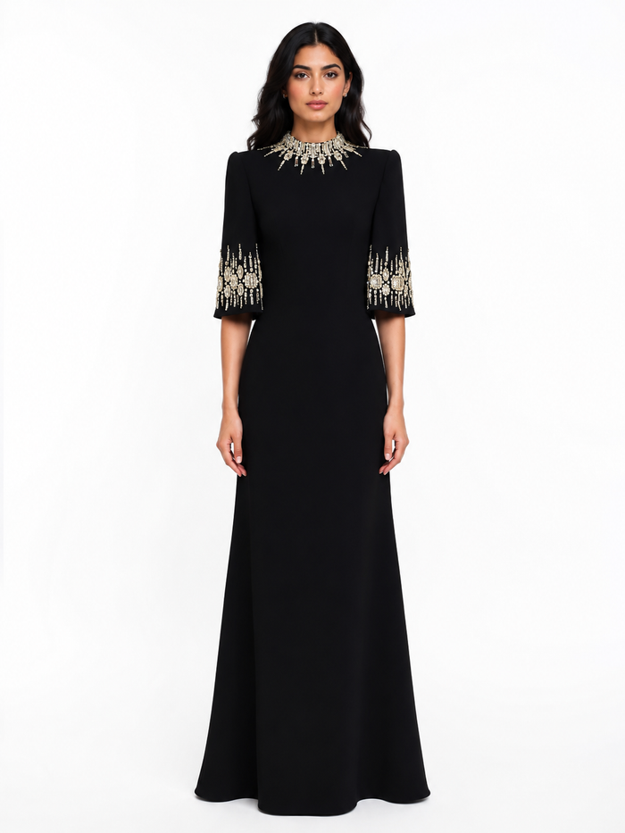 Embellished Neckline and Cuff Column Evening Dress – BLUSH