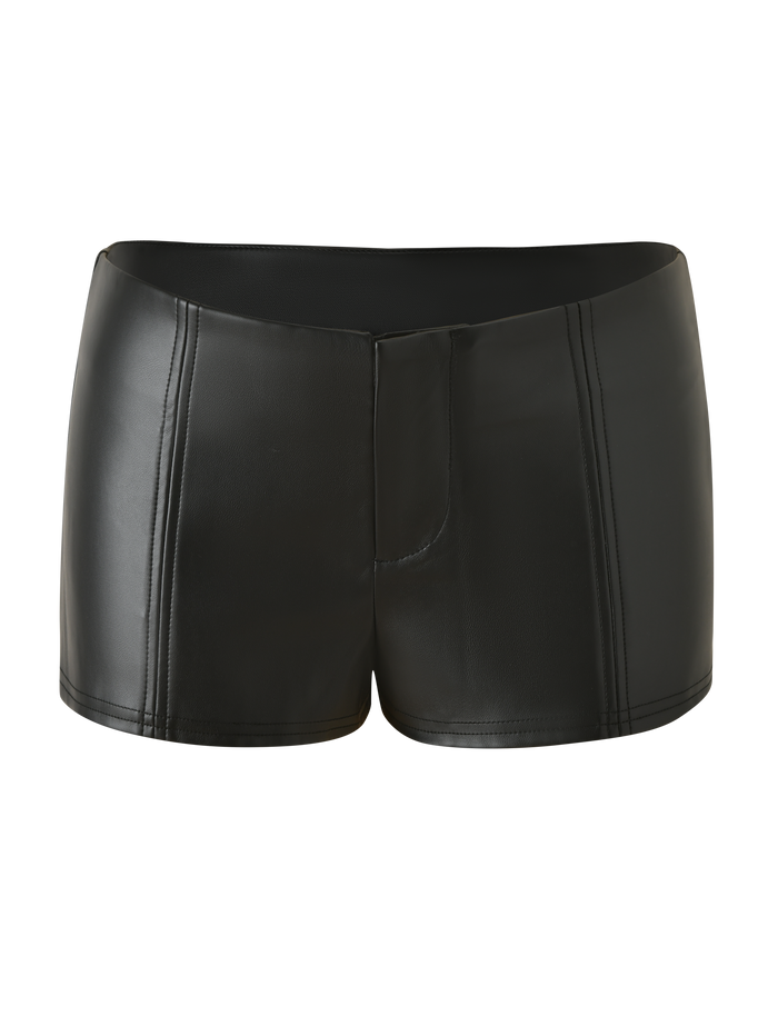 The EMERALD SHORT - BLACK by TIGERMIST features black faux leather with vertical stitched detailing and a smooth, shiny finish, styled like boxer briefs. Displayed against a plain white background.