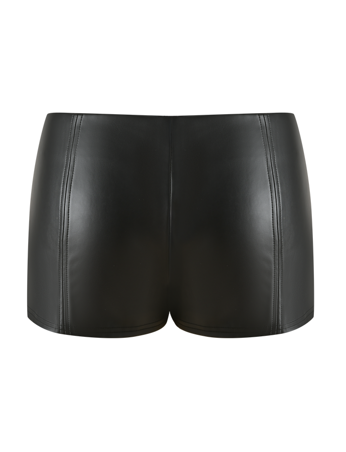 The EMERALD SHORT - BLACK by TIGERMIST features a high-waisted fit, vertical seam detailing, and is crafted from stretch PU for comfort. These mid-rise faux leather mini shorts are shown against a plain white background.