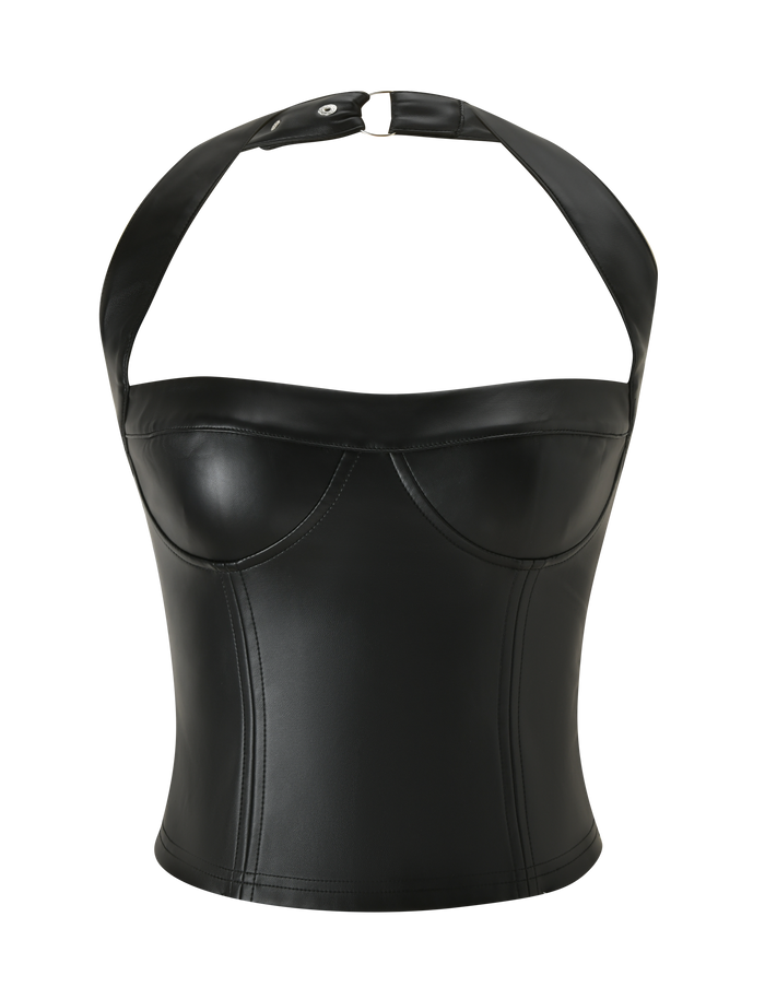 The EMERALD TOP - BLACK by TIGERMIST is a black faux leather halter corset with structured seams, a sweetheart neckline, and a wide strap with snap neck closures, made from stretch PU. Shown on a white background.