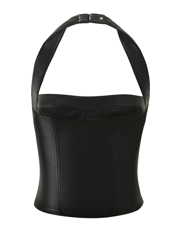 The EMERALD TOP - BLACK by TIGERMIST is a black stretch PU halter top with a structured, corset-inspired fit and seamless vertical stitching, made from faux leather and shown against a white background.