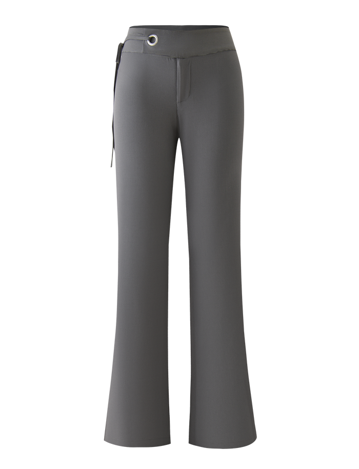 The TIGERMIST EMORY PANT in grey pinstripe features a high-waisted, flared fit with a wide belt-like waistband, metallic grommet, and side tie detail, shown against a white background.
