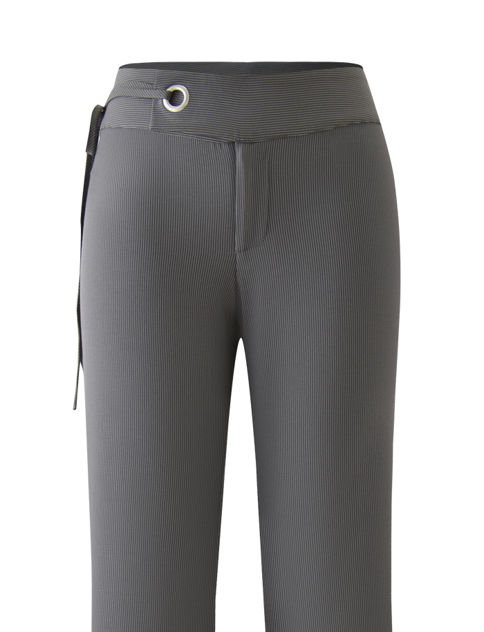The EMORY PANT by TIGERMIST features grey pinstripes, a wide waistband with a silver grommet and fabric tie on the left, straight-leg cut, low-rise fit, and no visible pockets.