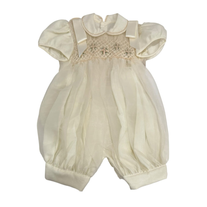 Ernest Ivory Boy Handsmocked Romper with rounded collar and delicate embroidered handsmocking