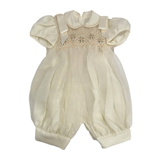 Ernest Ivory Boy Handsmocked Romper with rounded collar and delicate embroidered handsmocking