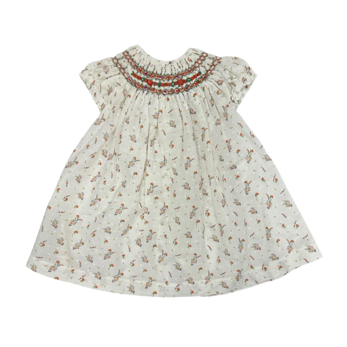 Esther Orange Plumetti Floral Round Sleeves Handsmocked Dress