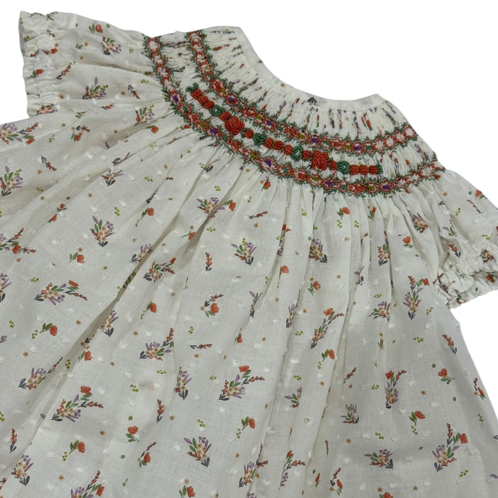 Esther Orange Plumetti Floral Round Sleeves Handsmocked Dress