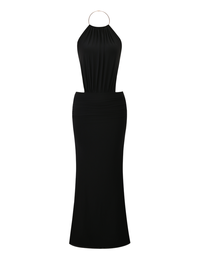 The EVANNA MAXI DRESS by TIGERMIST is a sleeveless, floor-length black maxi dress with a halter neckline, fitted waist, subtle top drape, and an elegant straight skirt.