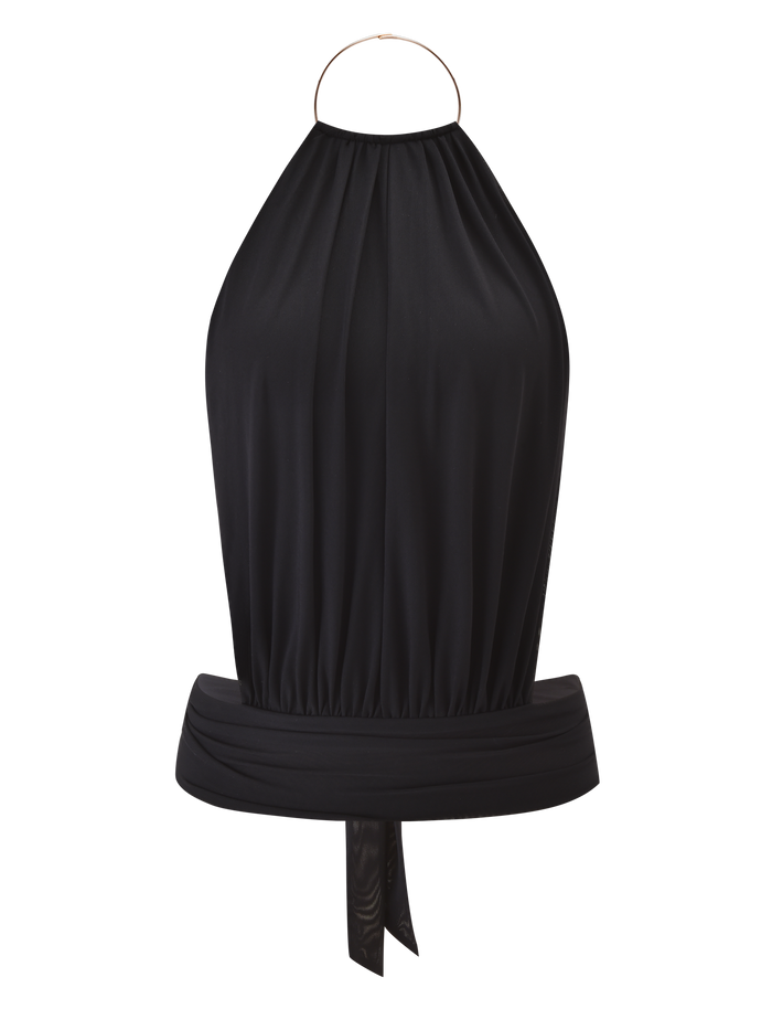 The TIGERMIST EVANNA TOP - BLACK is a sleeveless halter top with a gathered bodice, metallic neck ring, wide fitted waistband, open back, and soft draped look—uniting chic style and effortless elegance.