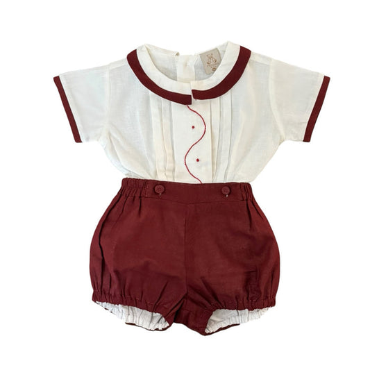 Every Day is a Gift Burgundy Boy Christmas 2-Piece Set with ivory shirt and burgundy bloomer shorts