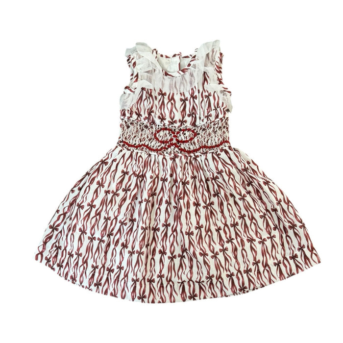 Every Day is a Gift Burgundy Christmas Handsmocked Dress in ivory ribbon print with burgundy smocking