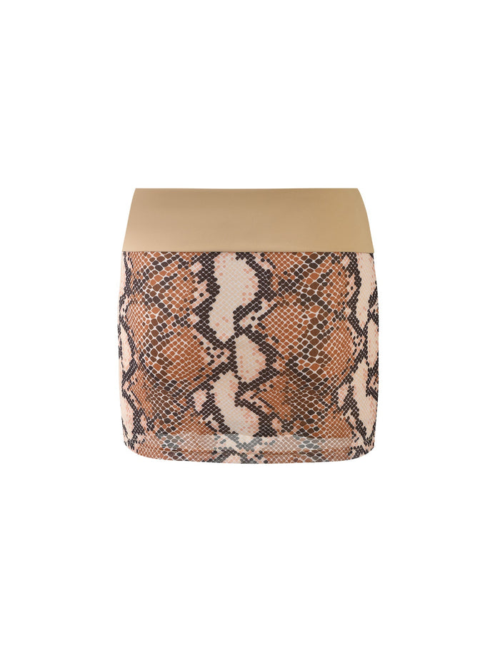 The Fallon Skirt in Brown Snake from TIGERMIST is a stylish piece featuring a beige waistband and a snake print design in shades of black, brown, and cream. This pattern gives the skirt a textured and modern look.