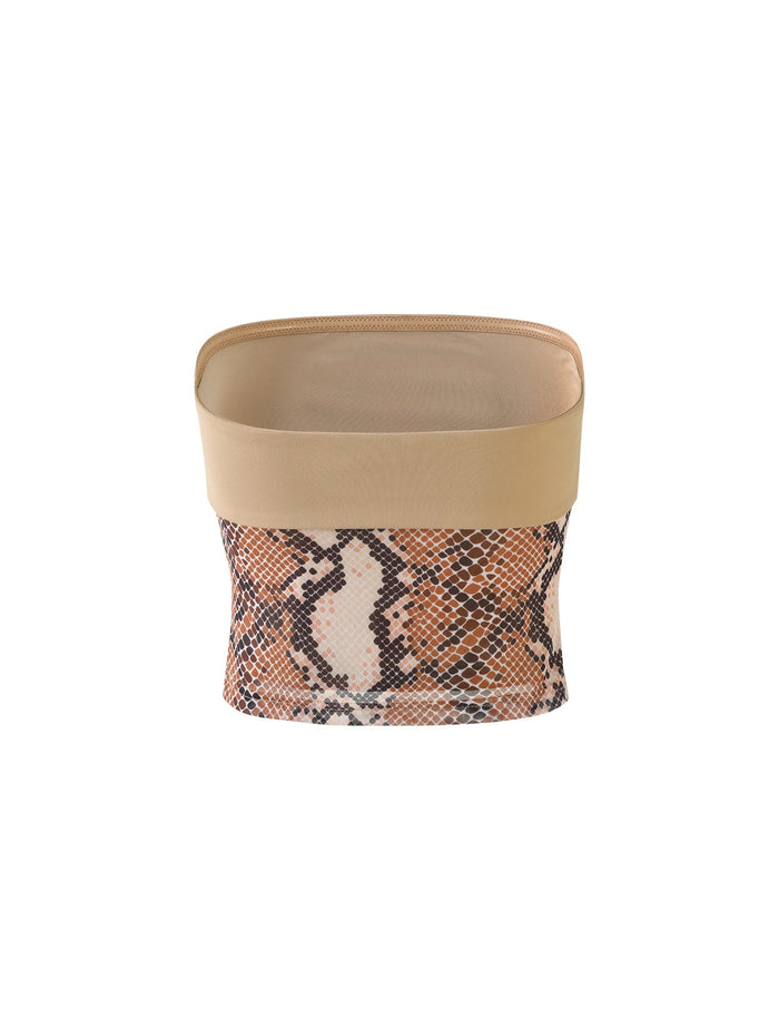 Introducing the FALLON TOP - BROWN : SNAKE from TIGERMIST. This seamless, stretchy, and form-fitting tube top features a solid beige upper section with a detailed snake skin pattern in shades of brown and black on the lower portion.