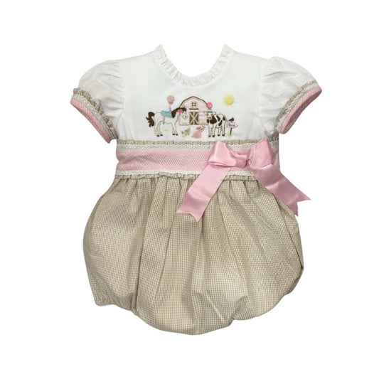Farm Animals French Knot Embroidered Girl Romper