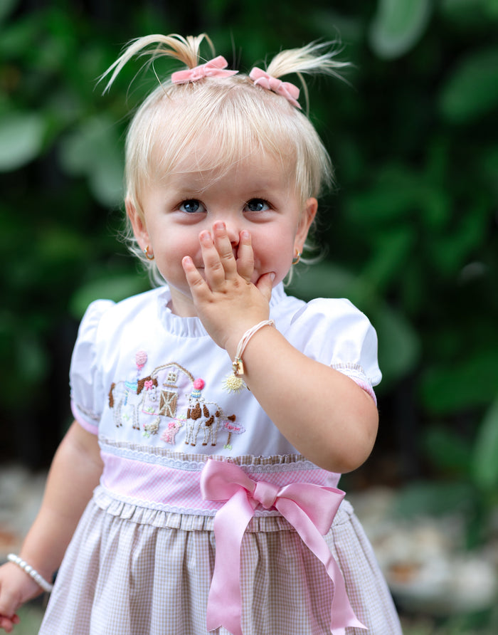Farm Animals French Knot Embroidered Girl Romper