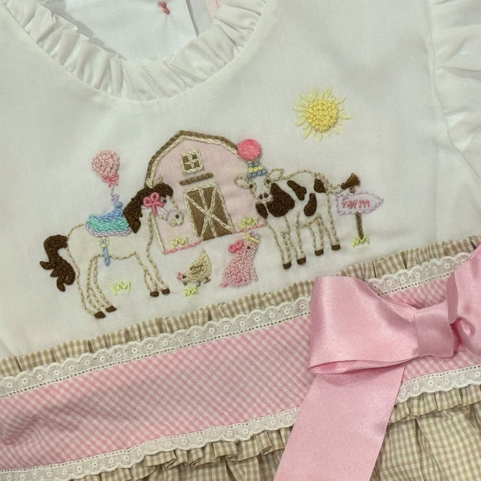 Farm Animals French Knot Embroidered Girl Romper