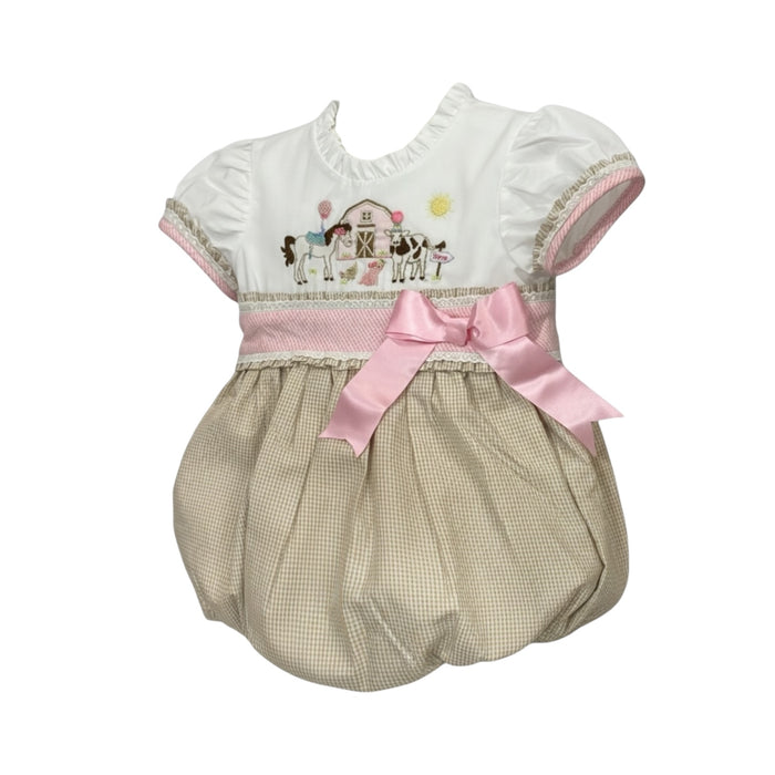 Farm Animals French Knot Embroidered Girl Romper
