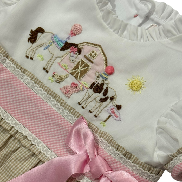 Farm Animals French Knot Embroidered Girl Romper
