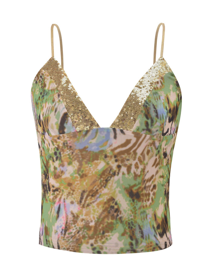 The FENELLA TOP - ANIMAL SWIRL by TIGERMIST is a sleeveless, fitted mesh cami with thin straps, a sequin-detailed bust, and a green, brown, and blue abstract animal print.