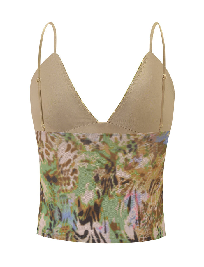 The FENELLA TOP - ANIMAL SWIRL by TIGERMIST is a stylish cropped mesh cami featuring thin adjustable straps, tan cups, and a vibrant yellow animal print pattern with green, brown, and blue accents on the front.
