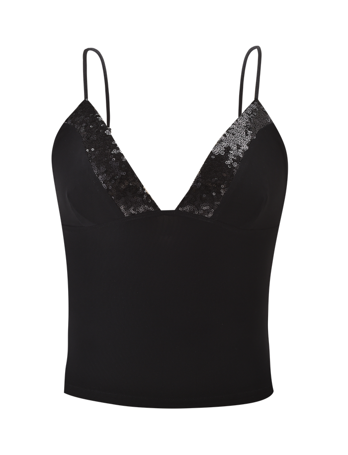 Black camisole with lace trim on a white background