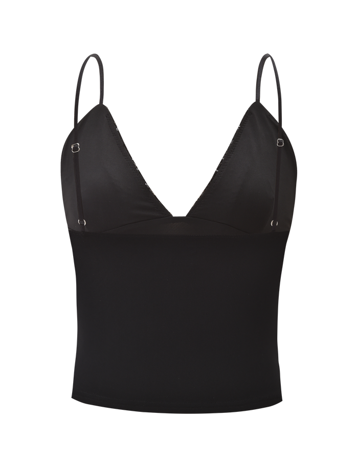 The FENELLA TOP - BLACK by TIGERMIST is a black sequin mesh tank top with adjustable spaghetti straps and a deep V-neckline, finished with delicate sequin trim, shown on a plain white background.
