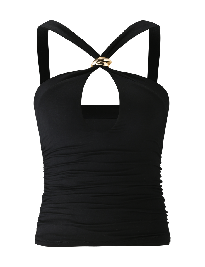 The TIGERMIST FINCH TOP - BLACK is a stylish going-out top featuring a sleek keyhole front, ruched sides, thick cross-back straps, and a gold ring neckline accent for a chic halter-inspired look.