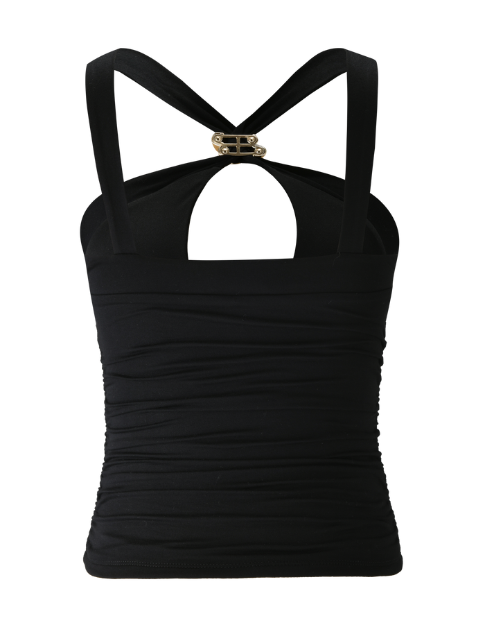 The FINCH TOP - BLACK by TIGERMIST features wide crisscross back straps, a gold buckle, teardrop cutout, and gently ruched fabric. This halter-style keyhole top is perfect for a chic night out.