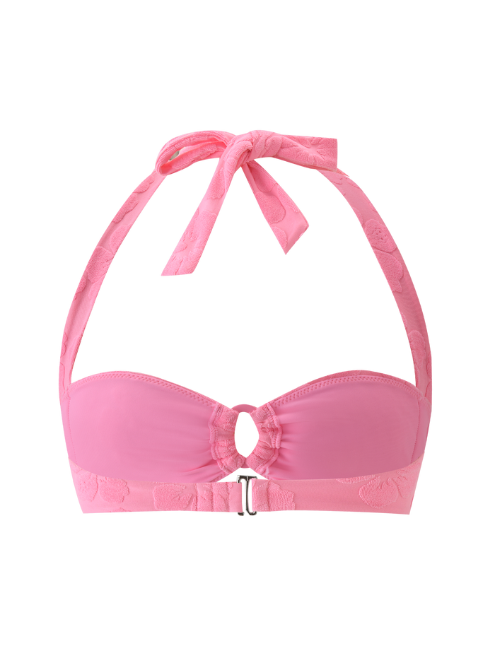 The FIORA BIKINI TOP - BABY PINK by TIGERMIST features halter straps, a front clasp, ruched center detailing, and matching neck ties, shown against a pink background.