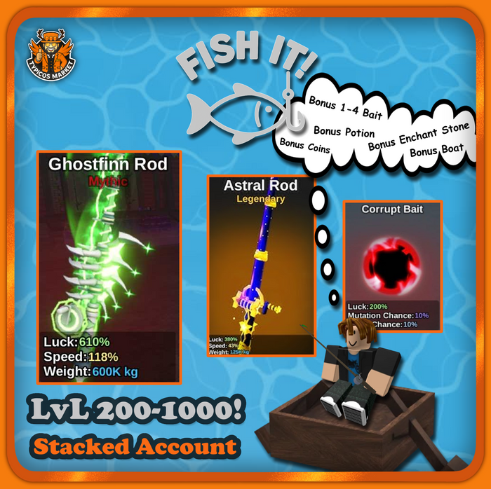 [FISH IT!] - Ghostfinn Rod + Astral Rod Stacked - 200 to 1000 lvl [RANDOM BONUS]