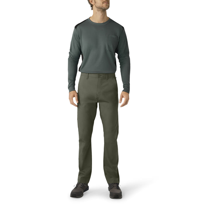 Men's olive green regular fit pants with button fly and front pockets, styled with long-sleeve gray shirt.