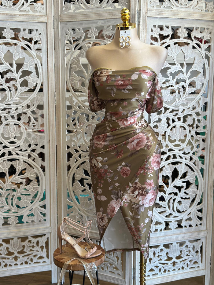 Floral Off Shoulder Wrapped Dress- Stretchy, Estira