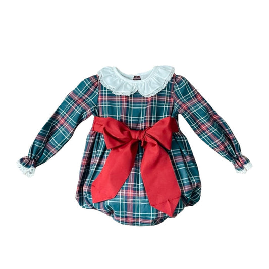 Florencia Green Tartan Velvet Long Sleeves Bow Romper