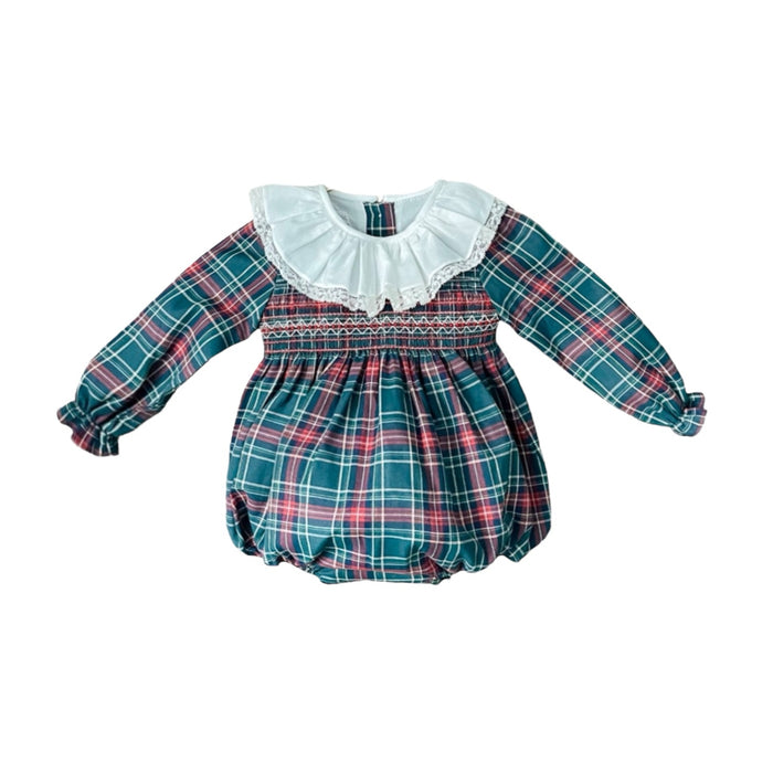 Florencia Green Tartan Velvet Long Sleeves Romper