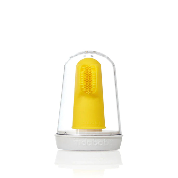 Yellow Frida Finger Toothbrush in clear case perfect for baby strollers and Odyssey wagon wheels