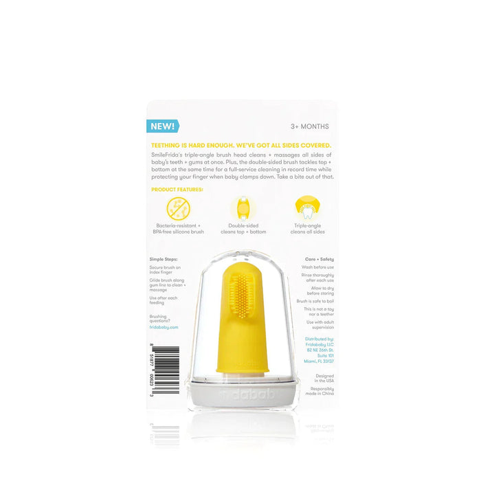 Yellow Frida Finger Toothbrush in clear case for easy cleaning and travel ready