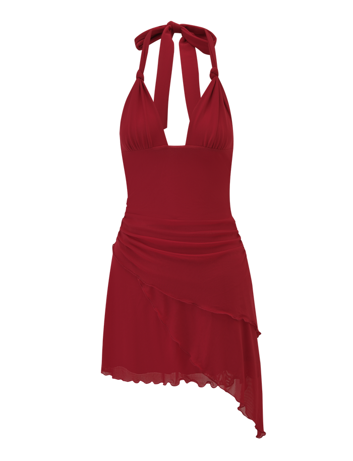 The FRIEDA MINI DRESS - RED by TIGERMIST is a sleeveless, halter mini dress in bold red, featuring a fitted bodice, ruched bust, asymmetrical layered skirt, neck tie closure, and lightweight fabric.