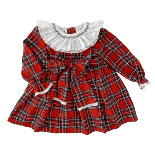 Gerarda Red Tartan Smocked Neckline Long Sleeves Bow Dress