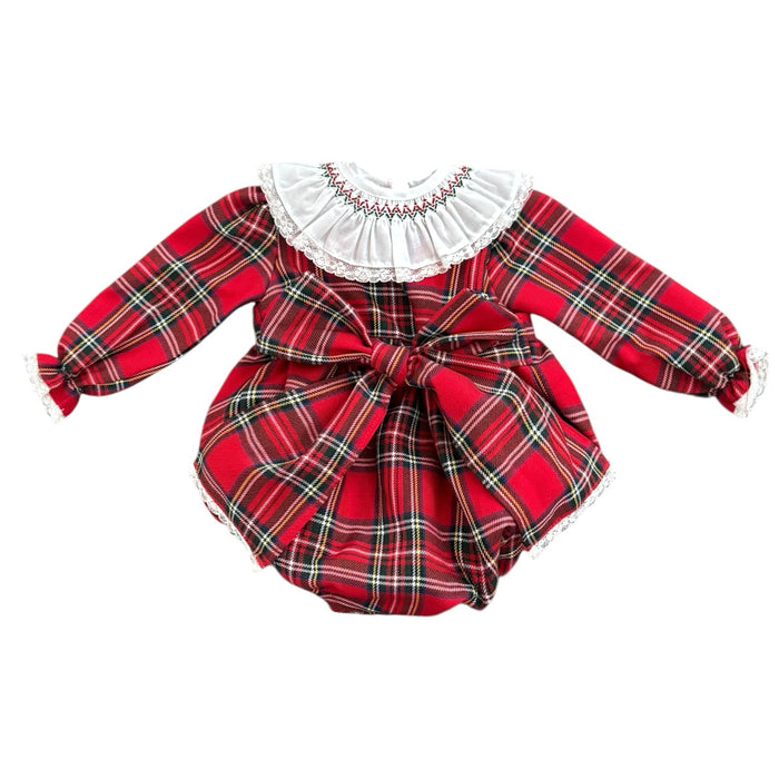 Gerarda Red Tartan Smocked Neckline Long Sleeves Bow Romper