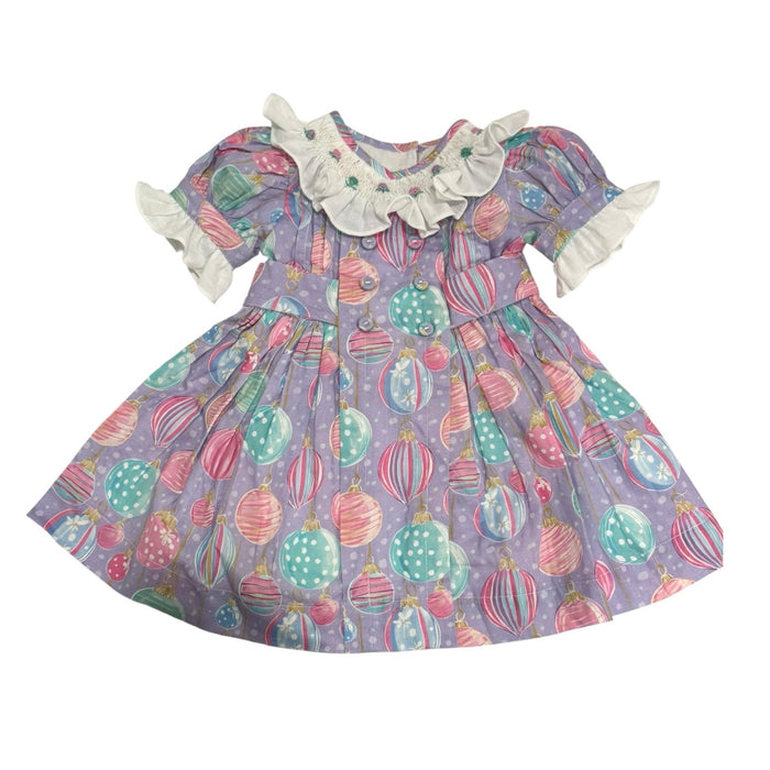 Gigi Ornaments Pastels Handsmocked Dress in colorful pastel Christmas ornament print