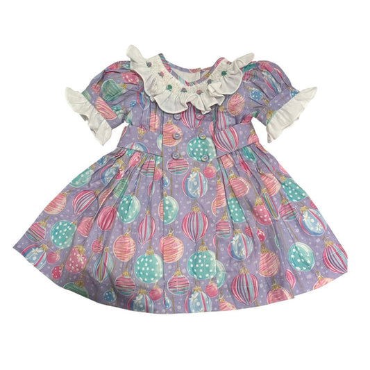 Gigi Ornaments Pastels Handsmocked Dress in colorful pastel Christmas ornament print
