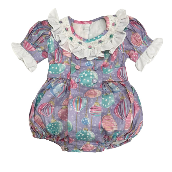 Gigi Ornaments Pastels Handsmocked Romper in colorful pastel Christmas ornament print