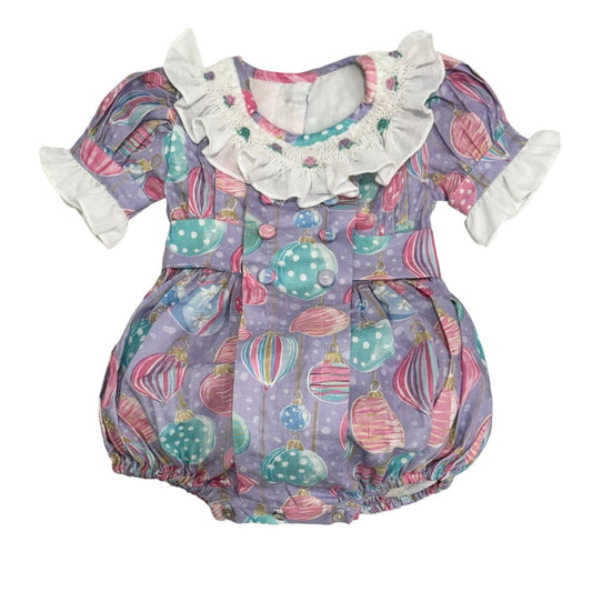 Gigi Ornaments Pastels Handsmocked Romper in colorful pastel Christmas ornament print