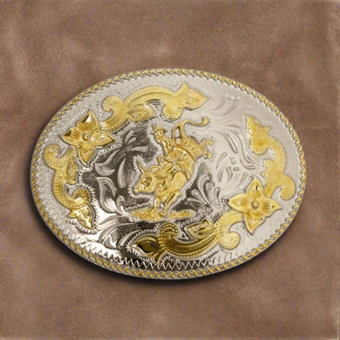gold and silver rope edge bull rider western buckle