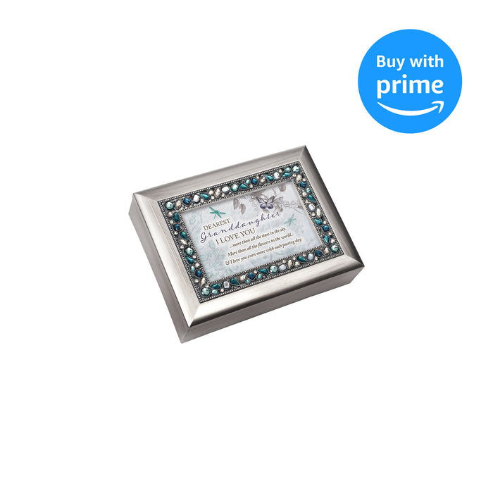 Granddaughter I Love You Brushed Silvertone Blue Jeweled Music Box Plays Wonderful World