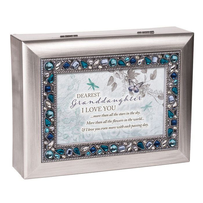 Granddaughter I Love You Brushed Silvertone Blue Jeweled Music Box Plays Wonderful World