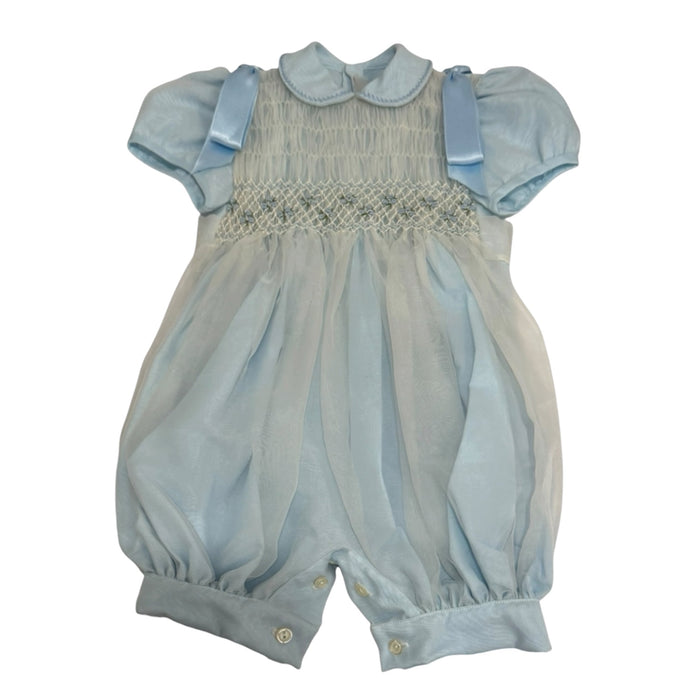Grego Light Blue Boy Handsmocked Romper with intricate handsmocking and rounded collar