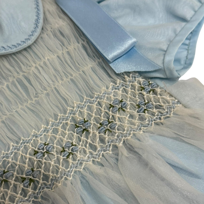 Close-up of light blue collar and handsmocking on Grego Romper