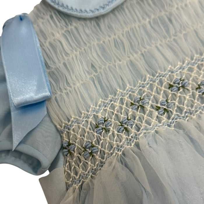 Close-up of intricate smocked bodice detailing on Grego Light Blue Romper